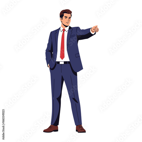 Decision Maker: A confident, stylish business executive, meticulously attired in a sleek navy suit, extends an arm forward, his authoritative gesture projecting focus and direction.