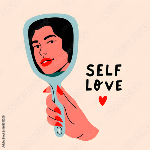 Self Love Reflection: A person holding a mirror reflects a bold expression, complemented by the words self love - a celebration of self-acceptance and self-care.