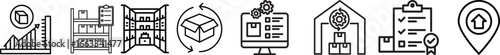 Warehouse Inventory Vector Icon Set | Adjustable Line Weight | Storage, logistics, delivery, packaging, barcode, forklift, shipping, pallet, stock, tracking, management, cargo, supply chain icons