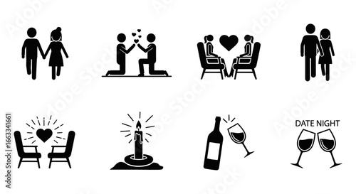 A simple vector icon set from the A19 design series, depicting a romantic couple, love, a marriage proposal, and a date night.