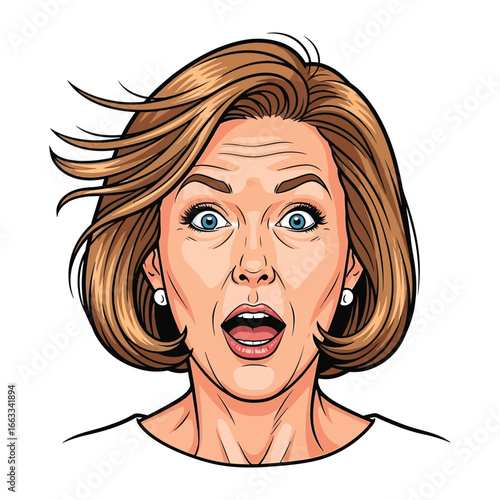 Surprised Woman's Portrait: An illustration capturing a woman's surprised expression, her eyes wide with shock and mouth agape. A portrait that evokes astonishment, disbelief.