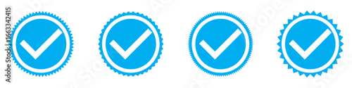 Blue tick mark icon on white background. White tick on blue circle. Set of 4 blue tick mark on isolated white background. EPS 10.  Approve icon set .