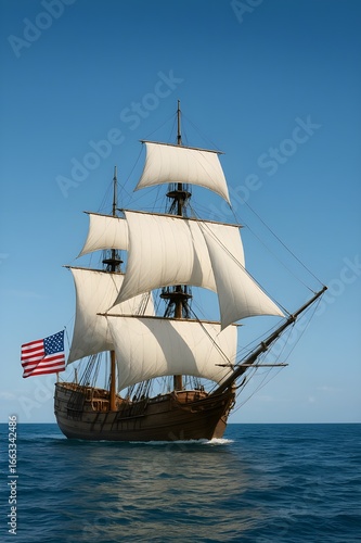 Classic wooden sailing ship with white sails and the American flag, sailing on the blue ocean. The composition with wide empty sky above provides excellent copy space, perfect for Columbus Day designs