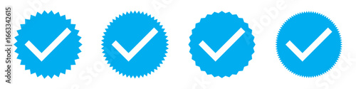 Blue tick mark icon on white background. White tick on blue circle. Set of 4 blue tick mark on isolated white background. EPS 10.  Approve icon set .
