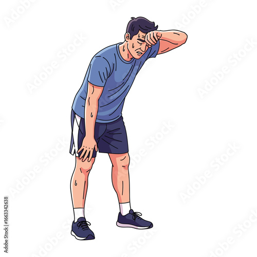 Exhausted Athlete: An athlete, drenched in sweat and overcome by fatigue, finds solace by wiping their brow during a moment of rest after intense exertion.