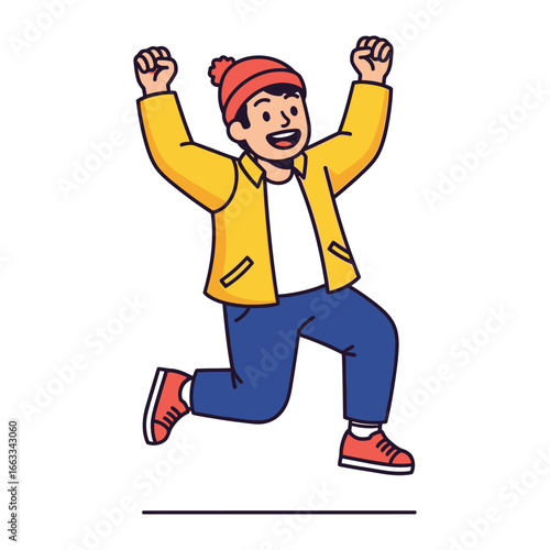 Joyful Leap: An enthusiastic youth leaps for joy, exuding boundless energy and happiness through playful illustrations of this youthful exuberance. 