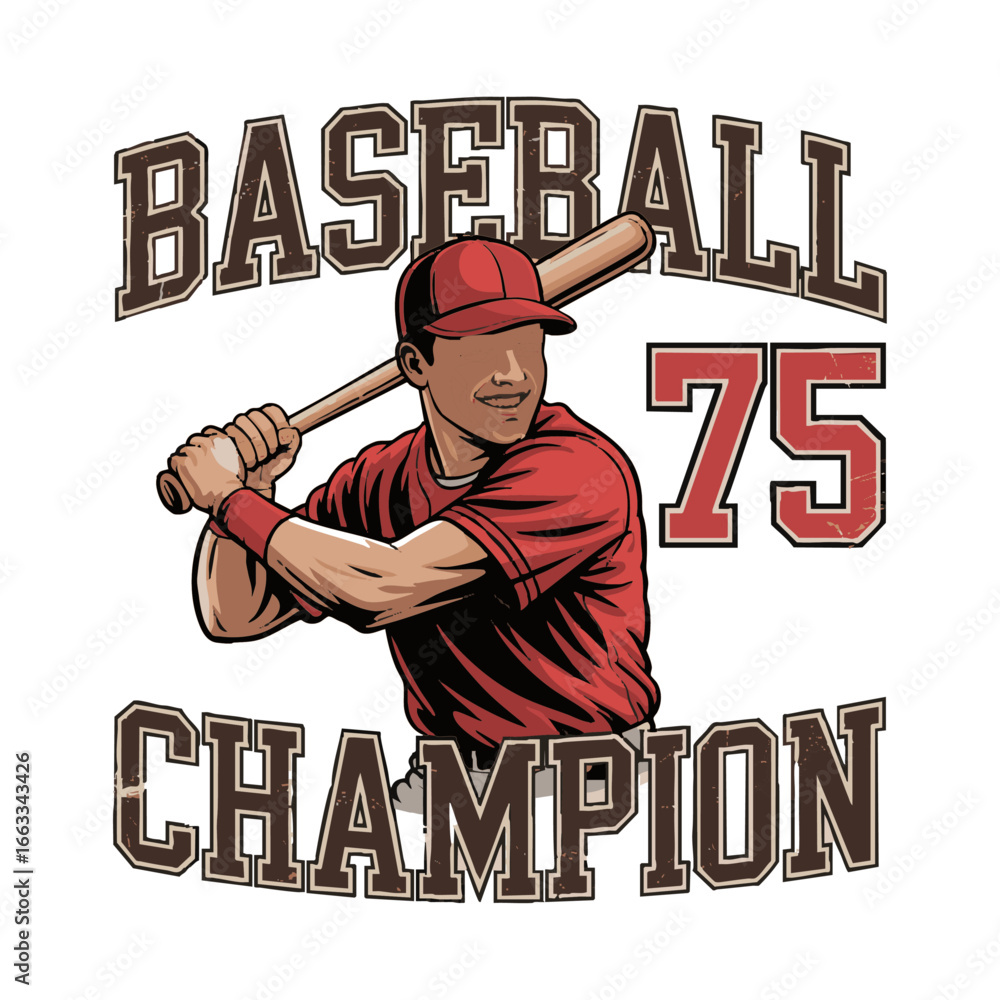 Φωτογραφία Vintage Baseball Champion T-Shirt Design with Player Illustration and Number 75, Baseball retro vintage symbol graphic t-shirt design, easily editable