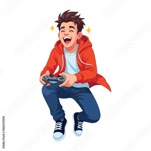Gamer in the moment: A joyful gamer is fully absorbed in their virtual world, controller in hand, relishing the thrill of competition.