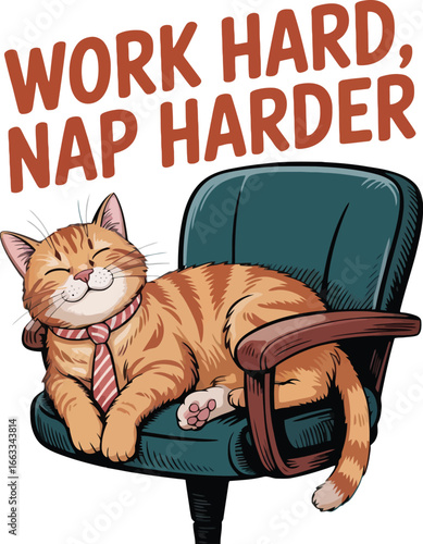 Adorable Orange Tabby Cat in Tie Napping on Office Chair with "Work Hard, Nap Harder" Text