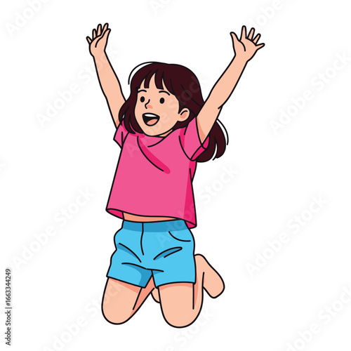 Joyful Leap: A vibrant illustration of a young girl filled with pure happiness, joyfully leaping high in the air with arms outstretched in a gesture of unadulterated glee. 