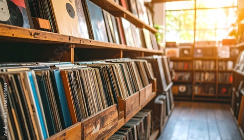 Vintage vinyl records neatly arranged on wooden shelves in a shop