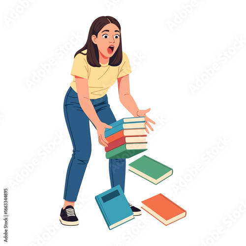 Unexpected Mishap: A young woman, shocked by her clumsiness, struggles to salvage a falling stack of books, capturing a relatable moment of surprise.