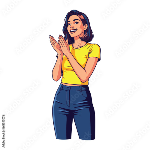 Joyful applause and encouragement: A digital illustration of a cheerful young woman claps her hands with an expression of positive emotion.