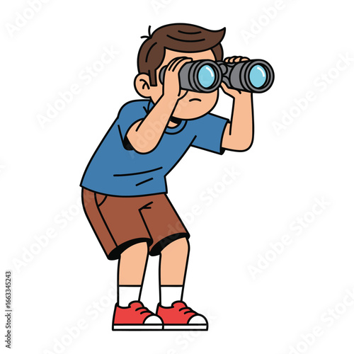 Boy with Binoculars: A curious young boy peers intently through binoculars, embarking on a journey of discovery, anticipation, and wonder.