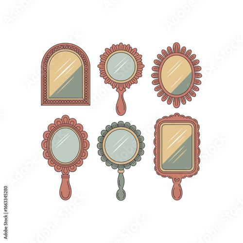 Collection of six ornate antique hand mirrors with decorative frames and handles in various shapes and styles displayed together white background