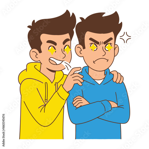 Mind Control & Anger: Two cartoon figures illustrate a scenario, one subtly controlling the other with glowing eyes, a visual narrative of influence and anger.