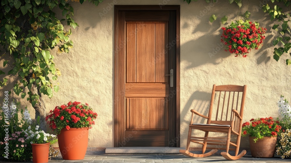Naklejka premium Charming Wooden Door Surrounded by Colorful Flowers and Plants