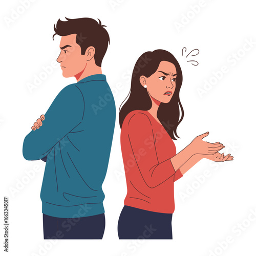 Disagreement at the Core: A man and woman stand back-to-back, embodying a moment of conflict. Their body language tells a story of frustration. Capturing the tension of a heated dispute.
