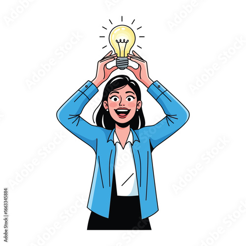 Enlightened Idea: A woman, radiating positivity, holds a glowing lightbulb, her face reflecting pure inspiration. The vibrant image celebrates the spark of innovation, and the dawn of fresh ideas.
