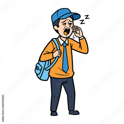 Fatigue Strikes: A yawning figure, epitomizing exhaustion, shoulders a messenger bag, likely mid-commute after a long day, conveying a universal experience of tiredness and the daily grind.