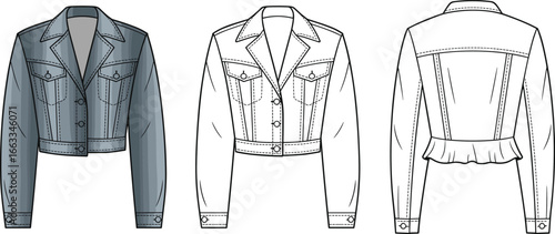 Stylish Cropped Denim Jacket, Front Pockets, Detailed Stitching, Ruffled Back Design CAD Drawing Flat Vector Illustration