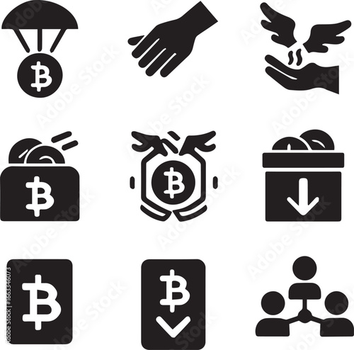 Vector glyph icon collection for blockchain technology, illustrating concepts like crypto airdrops, digital wallets, and peer-to-peer networks
