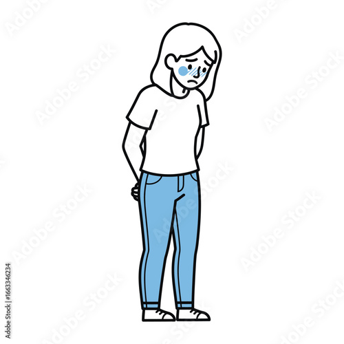 Sadness: A full-body, minimalist illustration of a woman displays palpable sadness, rendered with gentle lines, a single tear, and a posture of dejection
