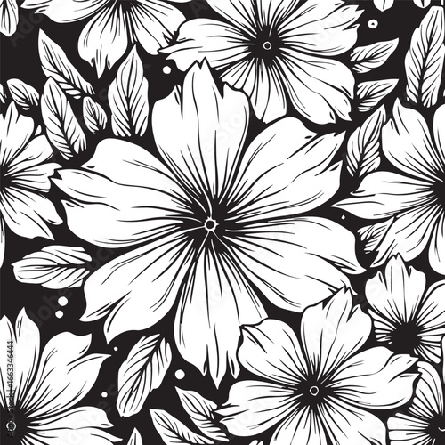 A striking black and white floral abstract artwork featuring delicately detailed petals and leaves, blending elegance with modern simplicity.