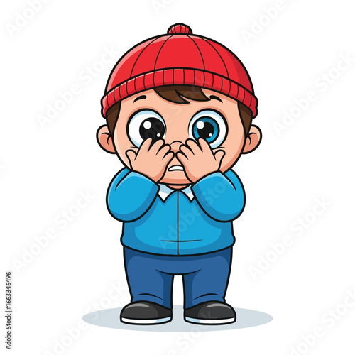 Child covering face in fear: This illustration shows a cute cartoon child in winter clothes. He appears to be covering his face with his hands in fear or hiding.