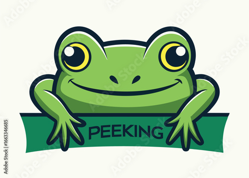 A cheerful cartoon frog with large, expressive eyes peeks out from behind a dark teal banner that says "PEEKINg".