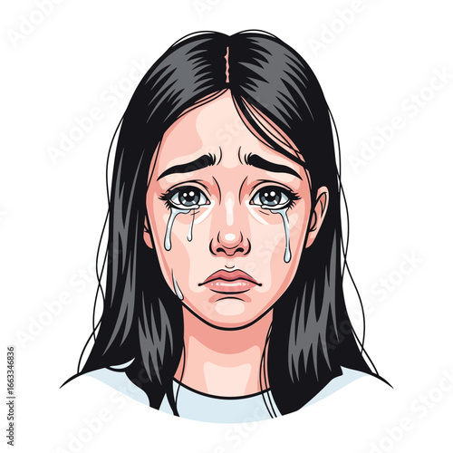 Tearful Portrait: A poignant portrait of a young woman overwhelmed by sorrow, with tears streaming down her face. This image captures the raw emotion of grief and despair.