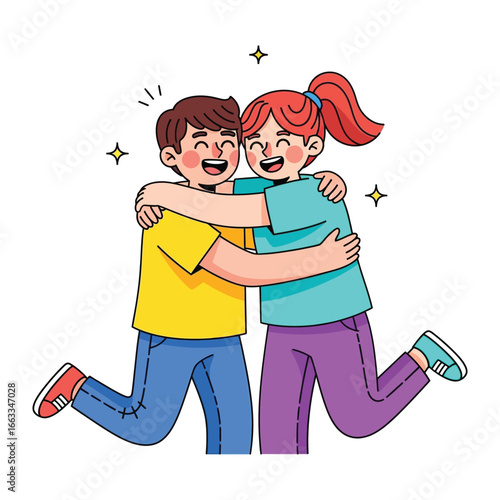 Joyful Embrace: A delightful illustration captures a warm embrace between two friendly figures, radiating pure happiness and connection through their bond of friendship.