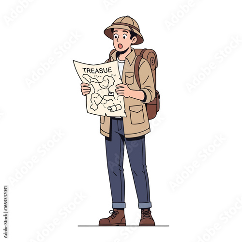 Explorer with Treasure Map: A determined explorer, immersed in a vibrant world of exploration, unravels a treasure map, symbolizing adventure, discovery, and the pursuit of hidden riches.
