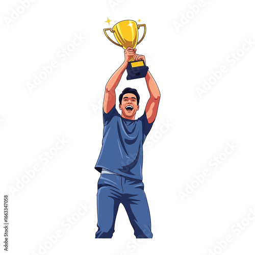Victory’s Embrace: A victorious man elevates a golden trophy to the sky, embodying triumph in a motivational illustration, showcasing pure jubilation and an optimistic outlook.