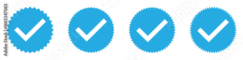  White tick on blue circle. Set of 4 blue tick mark on isolated white background.  Approve vector icon set. Vector icon set.  Check mark list on white background. 
