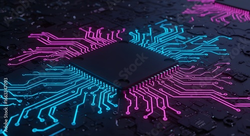 Futuristic Microchip Circuitry A Neon-Lit Design Showcasing Data Processing and Technology