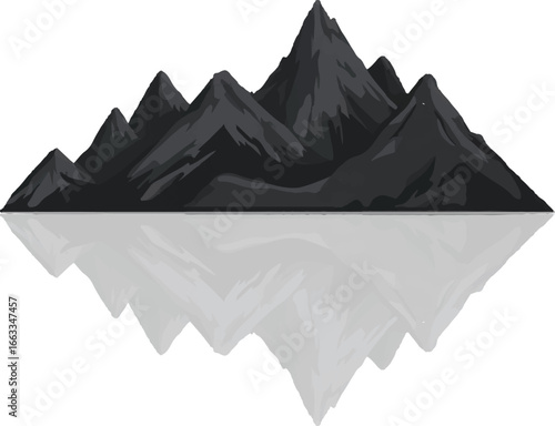A minimalist black mountain range, sharply rising against a stark white background, its peaks mirrored flawlessly on a tranquil, glass-like surface below—evoking serenity and strength.