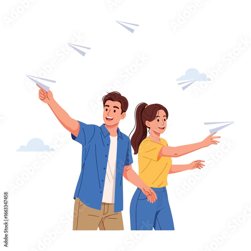 Couple's Paper Airplane Adventure: A young couple stands beneath a playful sky, joyfully launching paper airplanes into a world of imagination and wonder. A moment of pure, unadulterated freedom.