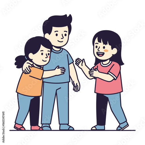 Family Connection: A heartwarming illustration captures the essence of family bonds with three figures engaging in a display of love and affection. Embrace the moment and celebrate family.