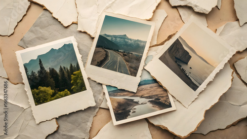 Four torn polaroid photos of natural landscapes scattered on aged paper photograph