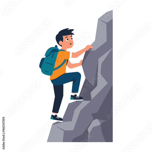 Uphill Adventure: A determined individual fearlessly ascends a rugged rock face, carrying a backpack, embracing the challenge and rewarding views of exploration.