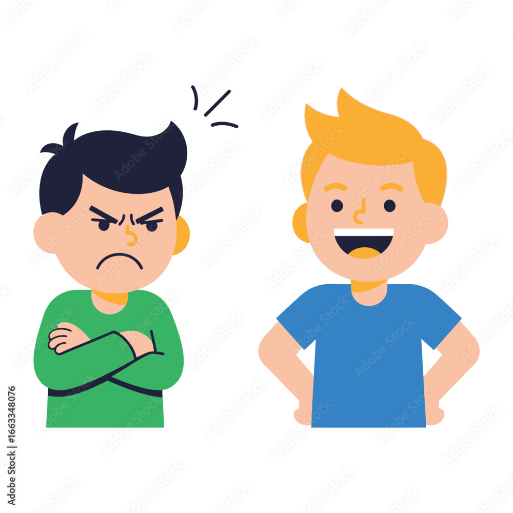 Conflict and Delight: Two young children in a cartoon illustrate the stark contrast between anger and joy. One child embodies frustration and disagreement. Conflict and Delight: Two young children in a cartoon illustrate the stark contrast between anger and joy. One child embodies frustration and disagreement.