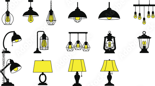 Lamp and light fixture set, pendant, desk, table, lantern styles, yellow glow, CAD drawing, vector illustration, interior decor