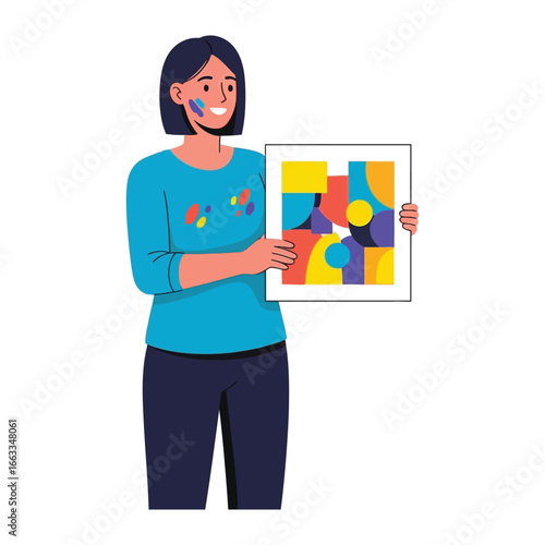Creative Canvas: A woman stands with her artwork, highlighting the art of the painter who bring the vision in the artwork to reality 