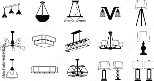 Lighting fixture collection, ceiling, wall, floor, table styles, modern and ornate designs, CAD drawing, vector illustration, interior decor