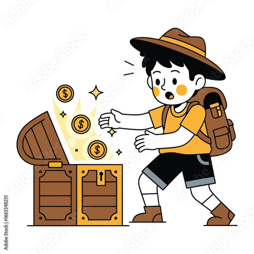 Adventure's Reward: A young explorer stumbles upon a hidden treasure, eyes wide with amazement at the bounty of gold coins spilling from the ancient chest. 