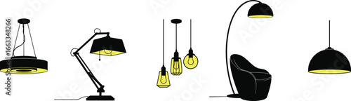 Mixed lamp set, ceiling, desk, floor styles, yellow light glow, CAD drawing, vector illustration, home lighting, interior decor