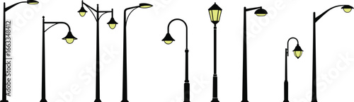 Street lamp vector set, urban lighting designs, CAD drawing, glowing yellow-green lights, public space fixtures, scalable illustration