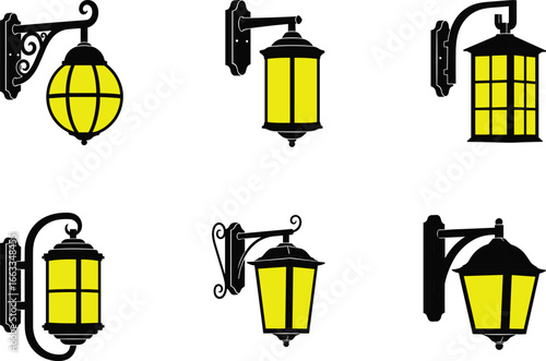 Wall-mounted lantern set, traditional and ornate styles, yellow illumination, CAD drawing, vector illustration, outdoor lighting, decorative fixtures