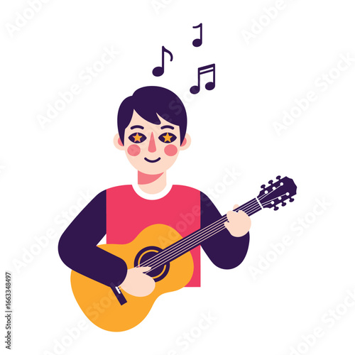 Melodic Serenade: A cheerful figure strumming an acoustic guitar, accompanied by musical notes, radiating a creative and musical vibe.